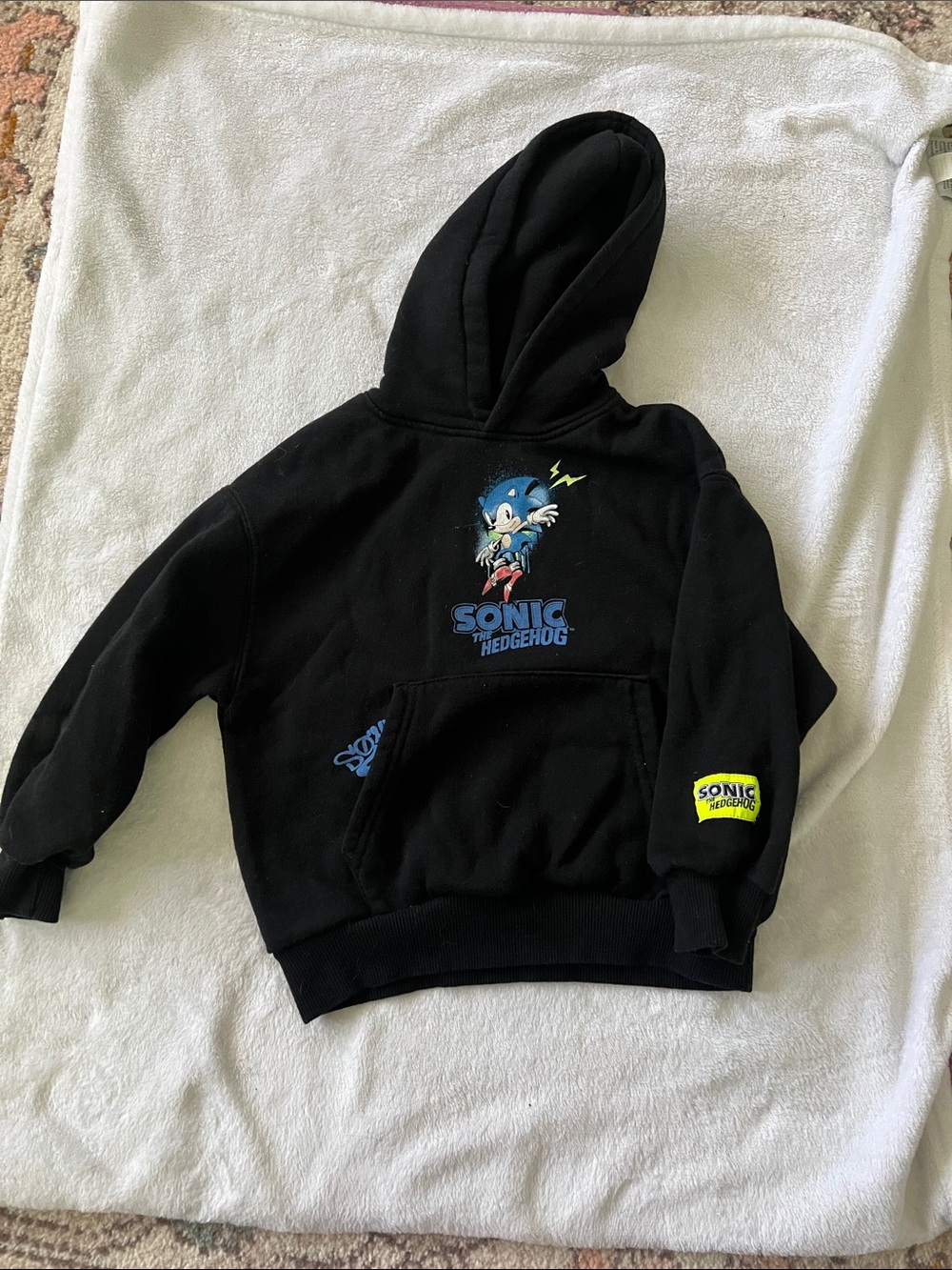 Zara Black Kids Hoodie with Blue Sonic Graphic and Yellow Patch